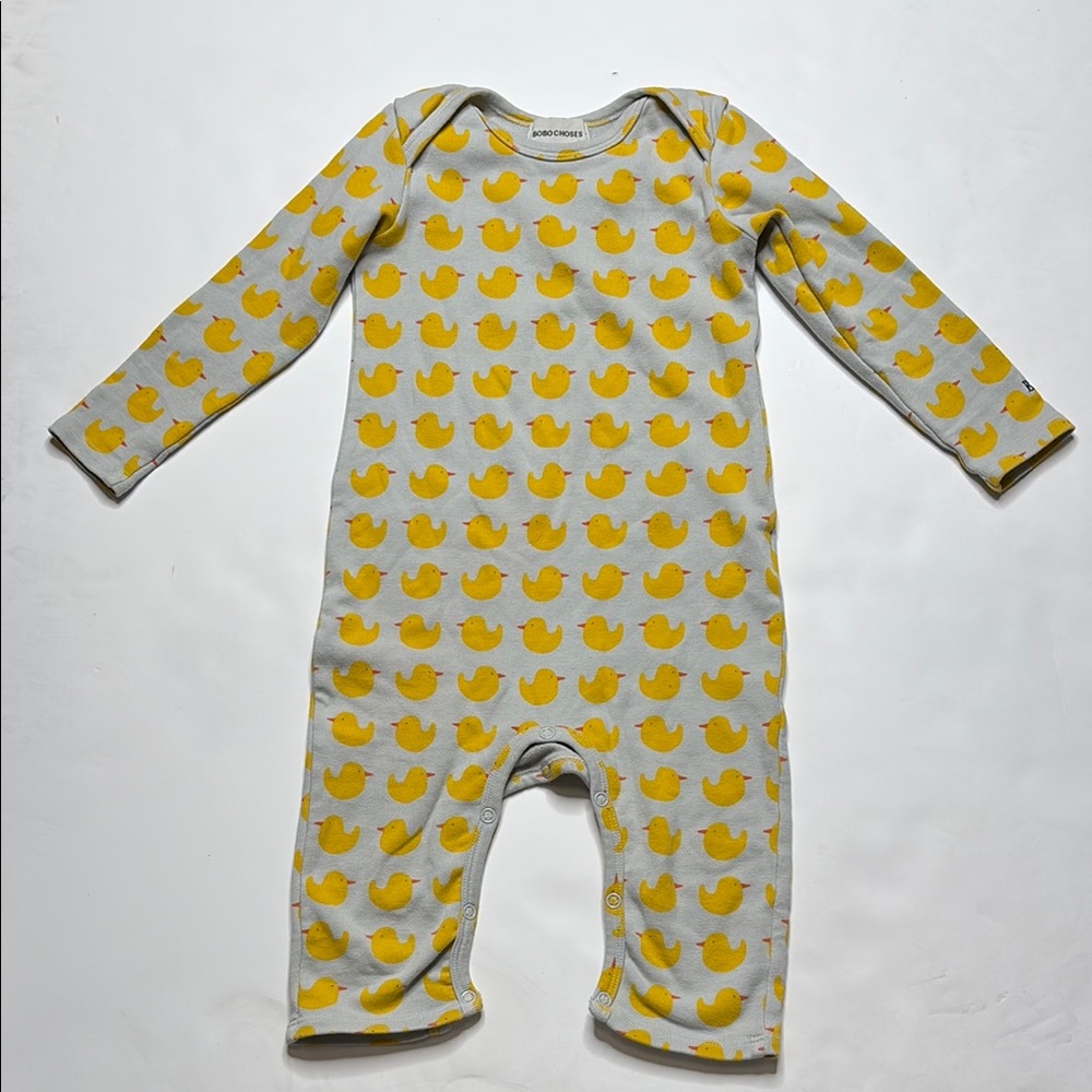 Bobo Choses Yellow and Gray Duck Print One Piece Footies